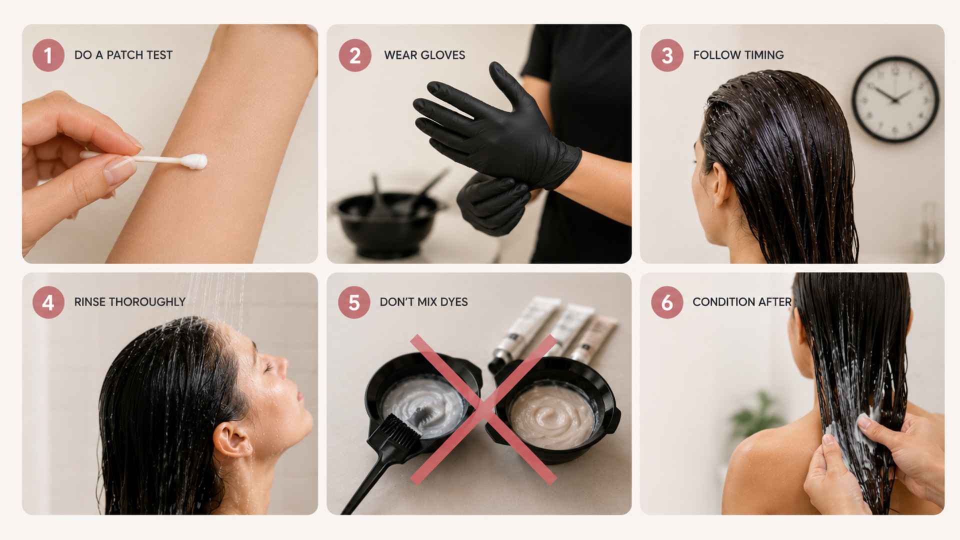 Six panel hair dye safety infographic showing patch testing, gloves, timing, rinsing, avoiding mixed dyes, and conditioning.