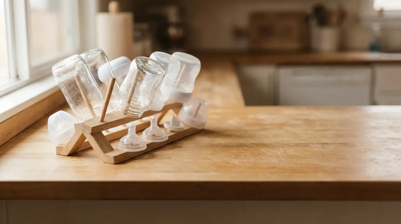 Baby bottles drying on wooden rack in bright kitchen setting