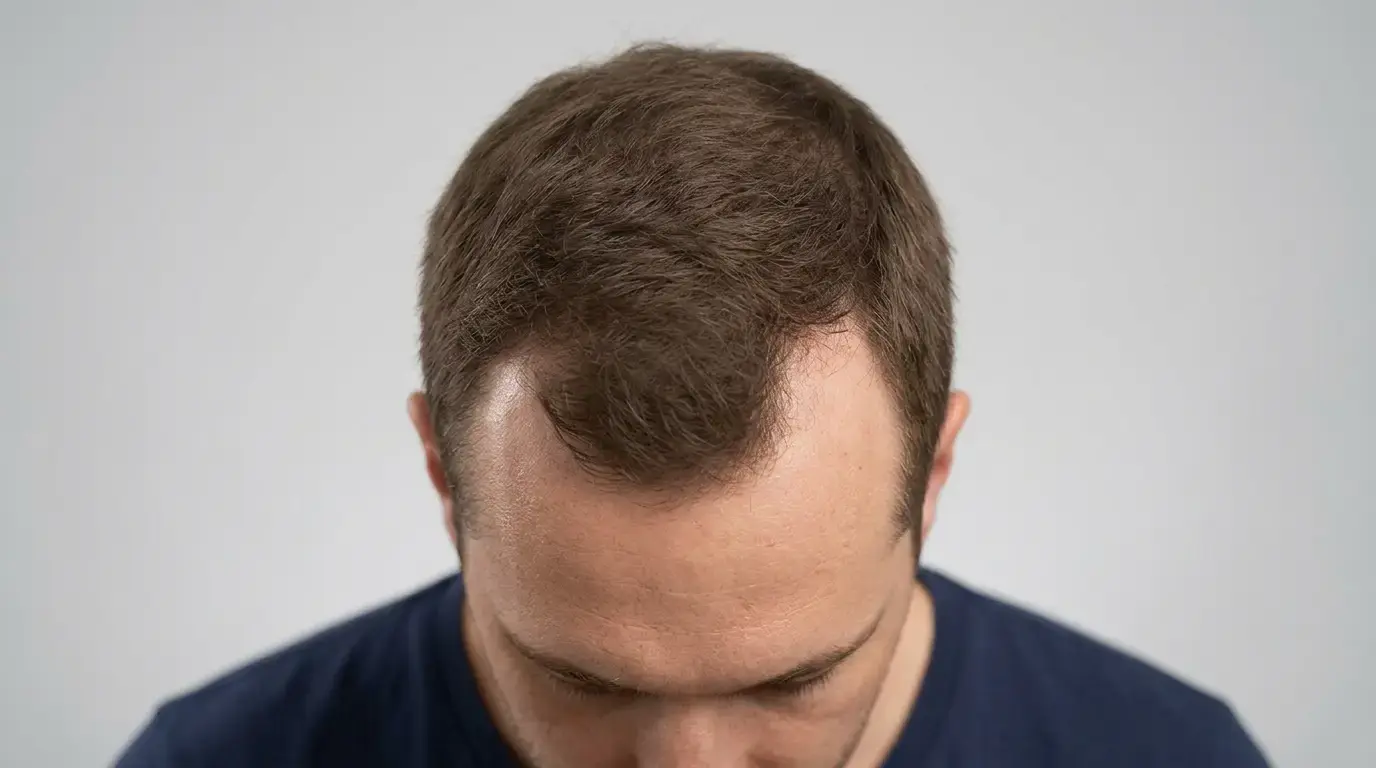 Back of a head showing a clearly noticeable M-shaped hairline recession with visible scalp on both sides of the forehead