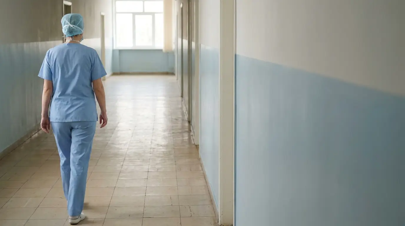 Medical professional in blue scrubs walking down empty hospital corridor