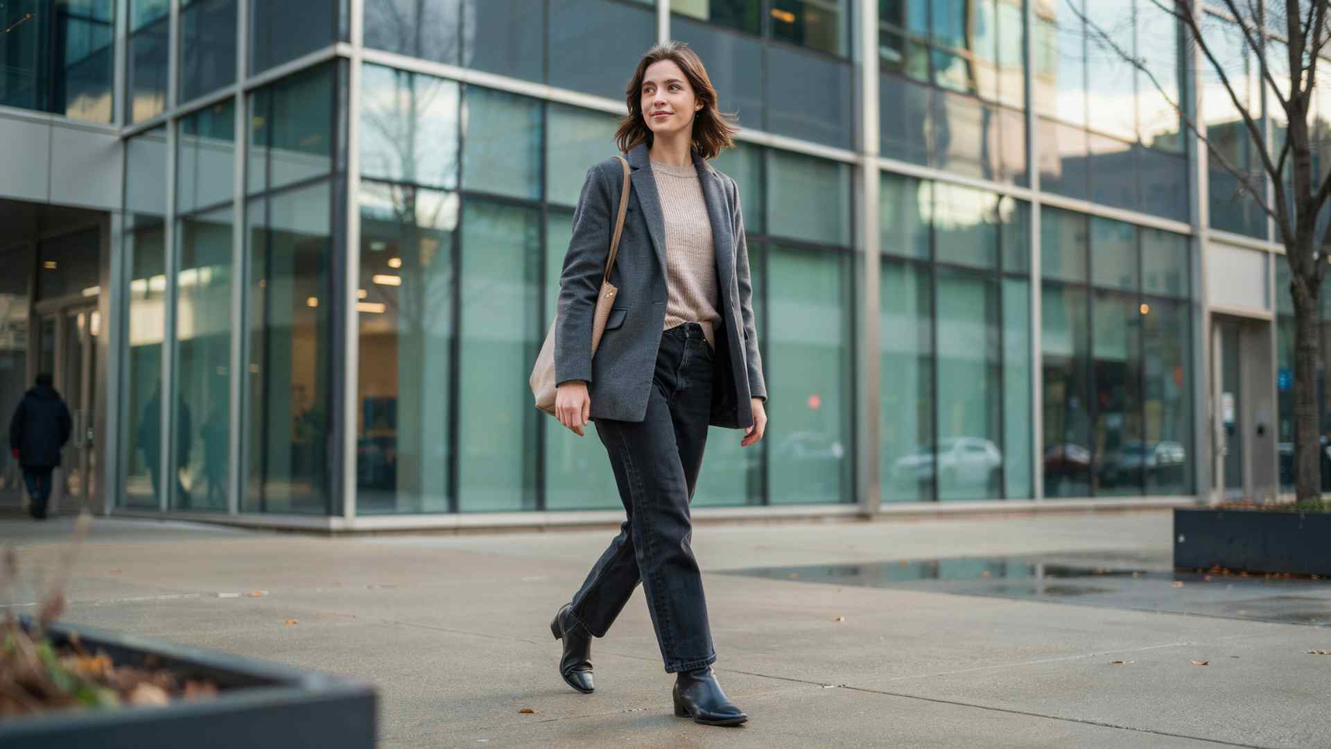 Young woman in dark wide leg jeans with a blazer and knit sweater for an office outfit