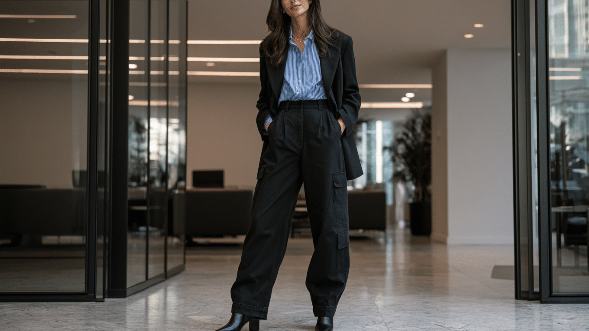 Woman wearing tailored black cargo pants with blazer and button down shirt creating a professional office ready fashion outfit