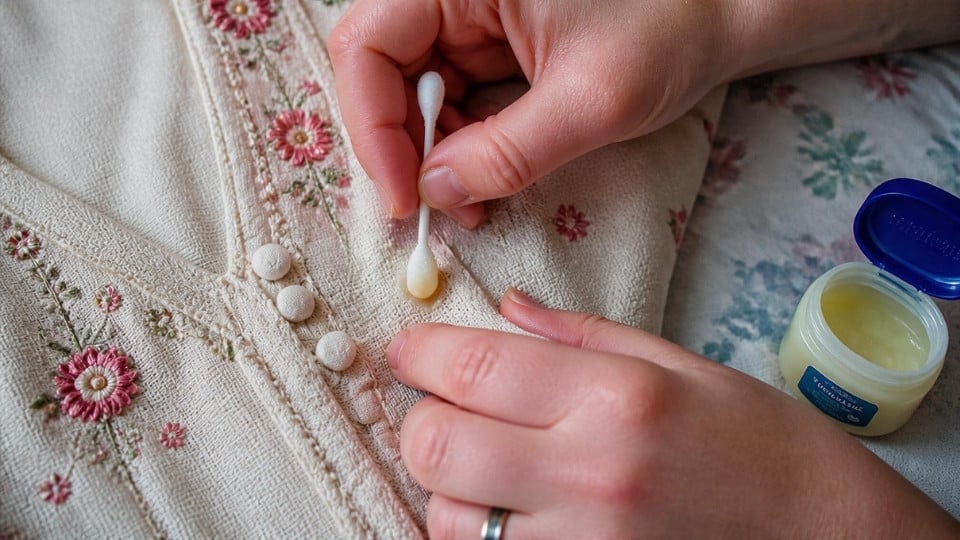 Petroleum jelly applied with a cotton swab to loosen nail glue near fabric trim and delicate clothing details