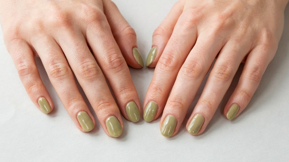 hands displaying olive green nails with earthy tones