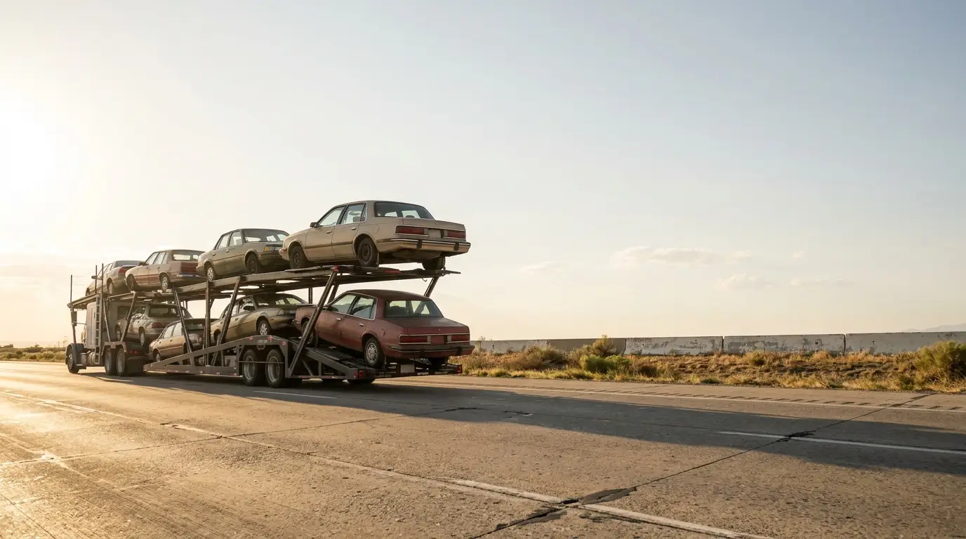 Car transporter traveling on highway under bright sunlight, loaded with vintage cars
