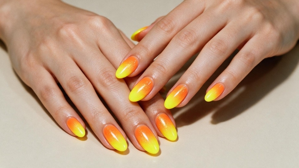 Neon yellow and orange ombre nails inspired by sunset colors with a shiny finish