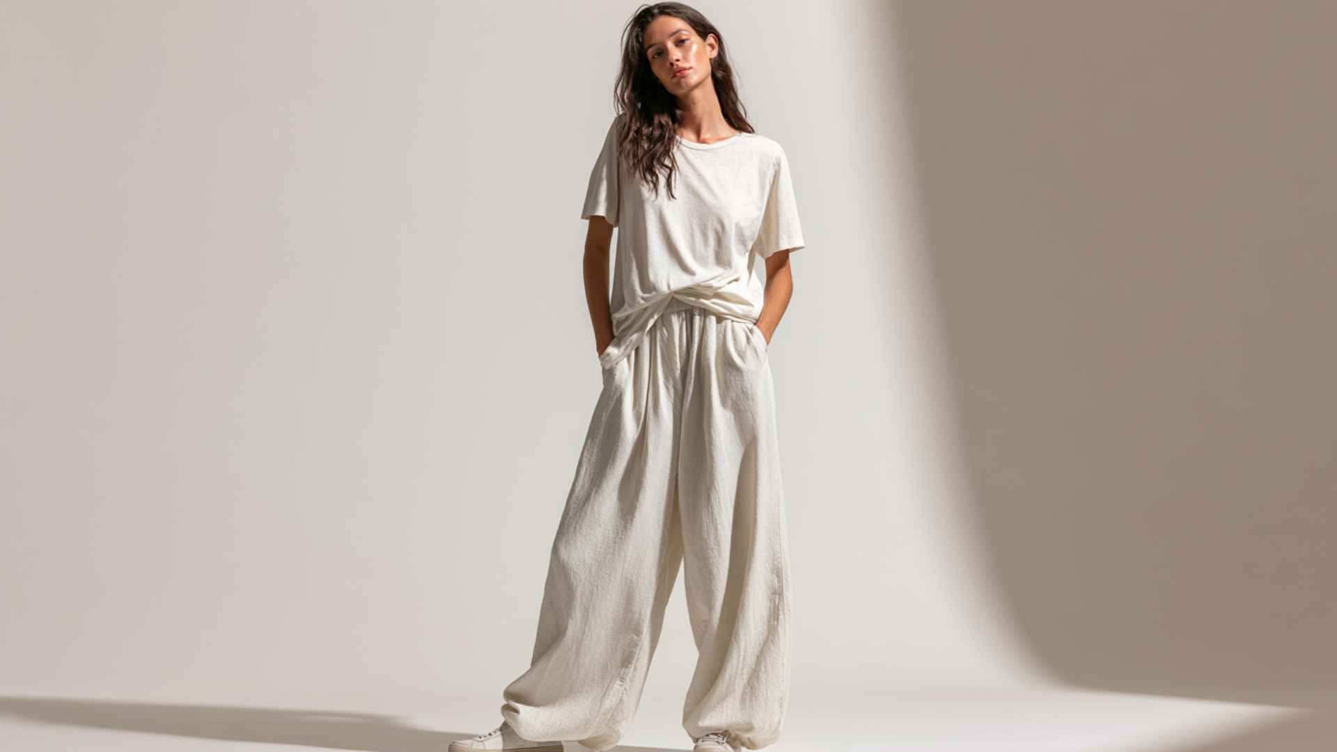 Woman wearing parachute pants with a tucked oversized T-shirt and sneakers for a relaxed casual outfit.
