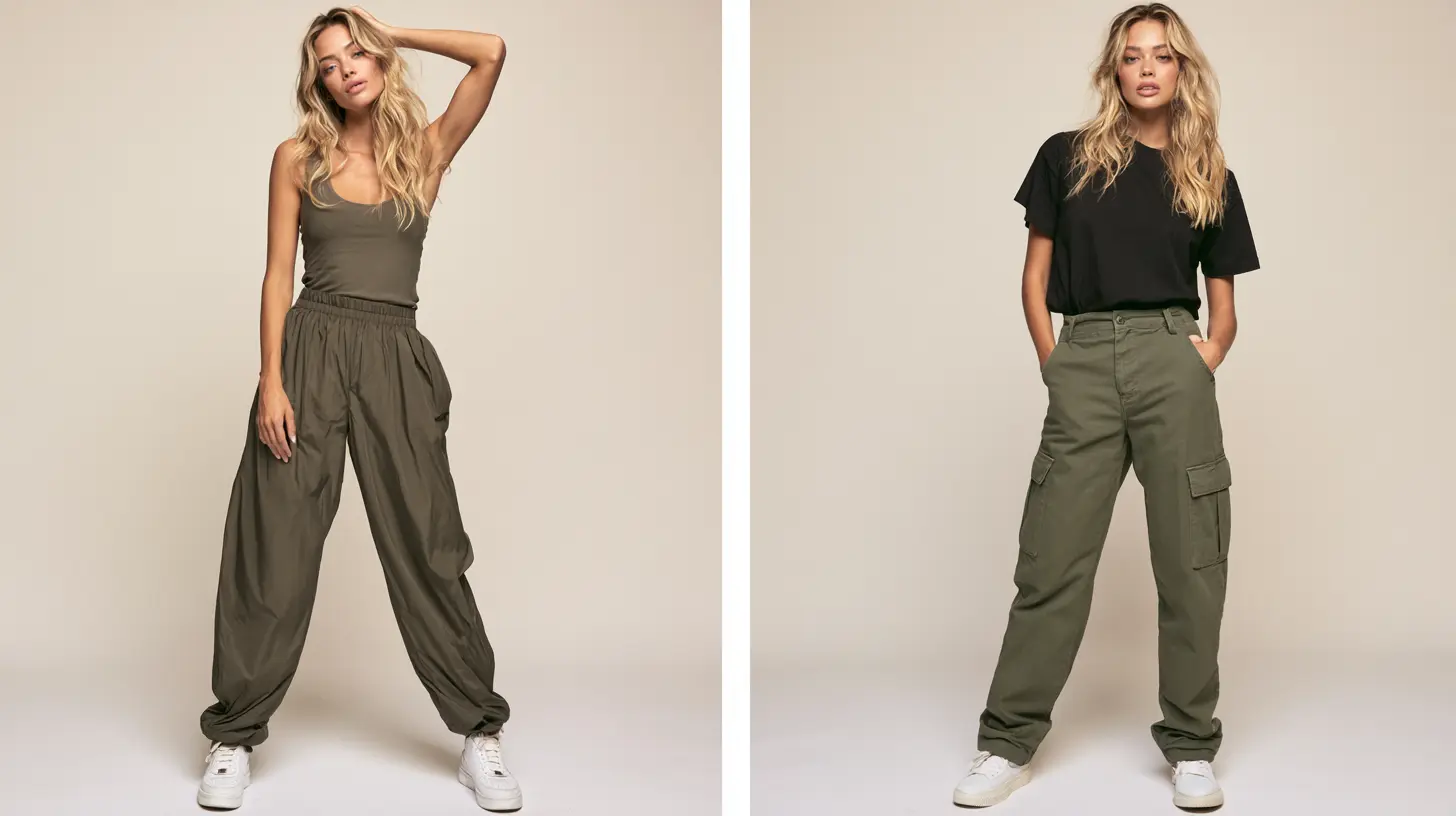 Parachute pants with tapered ankles beside cargo pants with roomy thigh pockets in a clear side by side comparisons