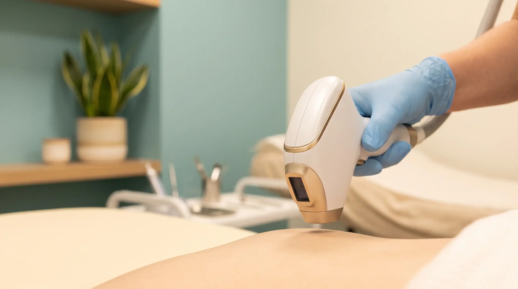 Hand in blue glove using laser device on skin in spa treatment room