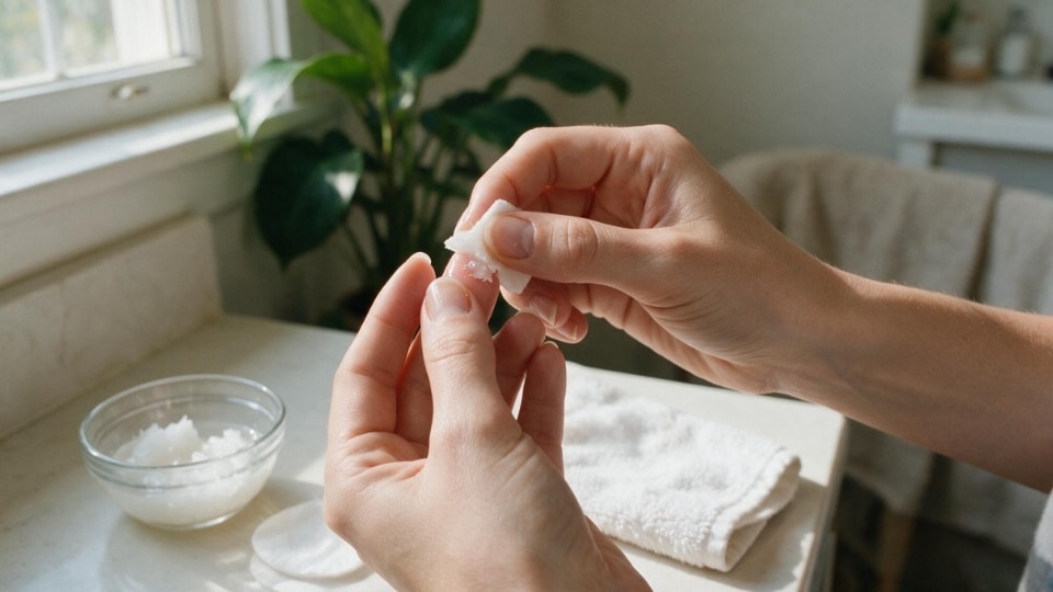 Coconut oil used with cotton pad to loosen nail glue residue from skin during gentle removal