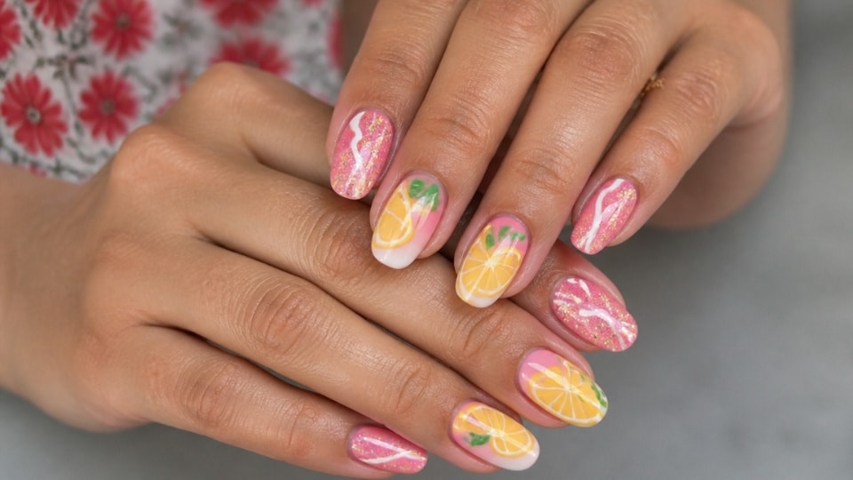 Pink lemonade nails featuring glossy pink polish with tiny lemon details and bright yellow accent designs