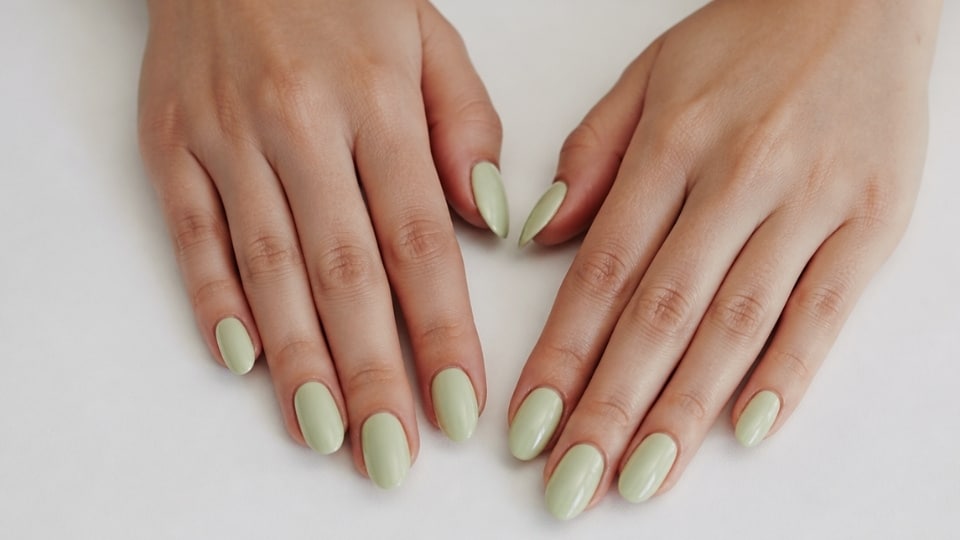 Hands displaying creamy pistachio green nails with a soft pastel finish