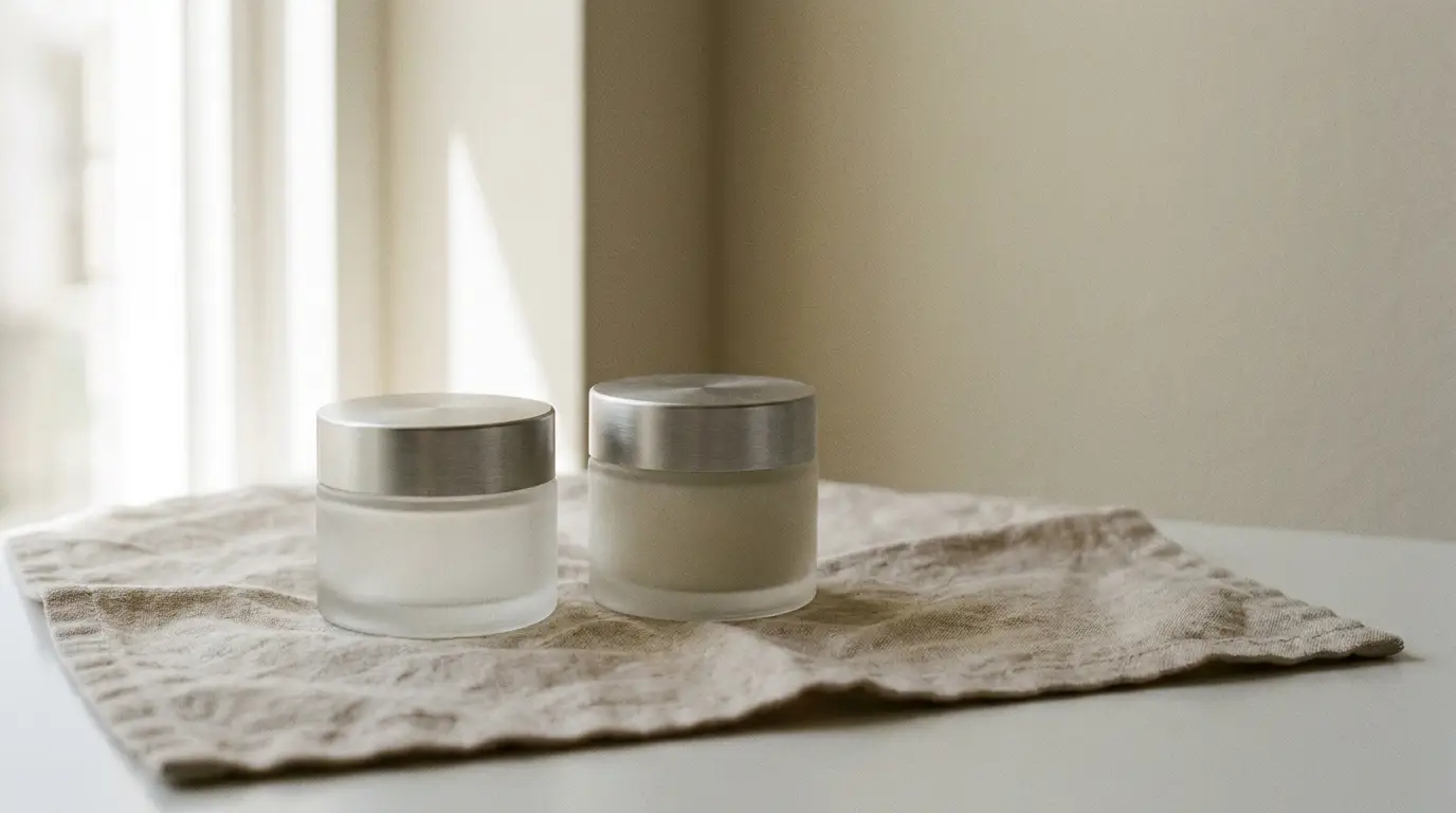 Two frosted glass jars with metal lids on beige linen cloth by a window