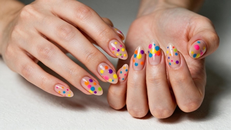 Pop art dot nails with vibrant colorful circles arranged across glossy nails for a playful graphic manicure