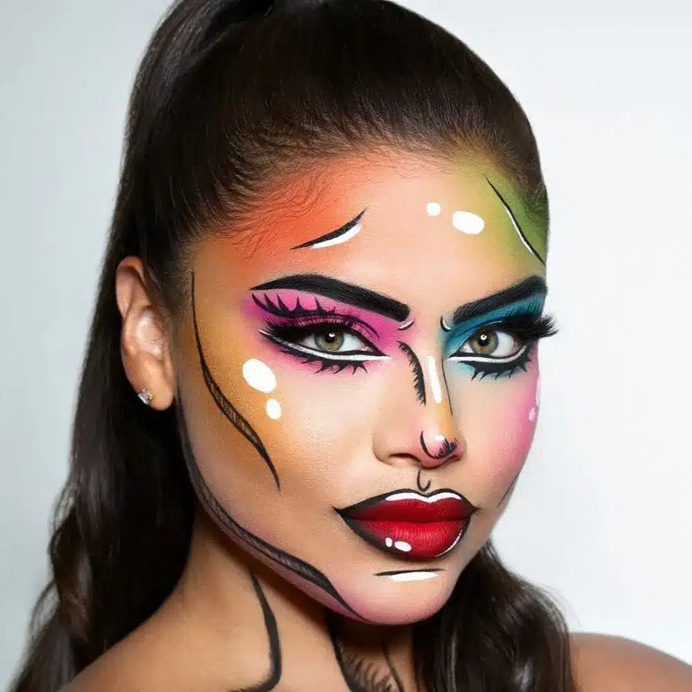 Pop art makeup with red yellow and blue color blocks, comic dot patterns, bold black outlines, and white highlights
