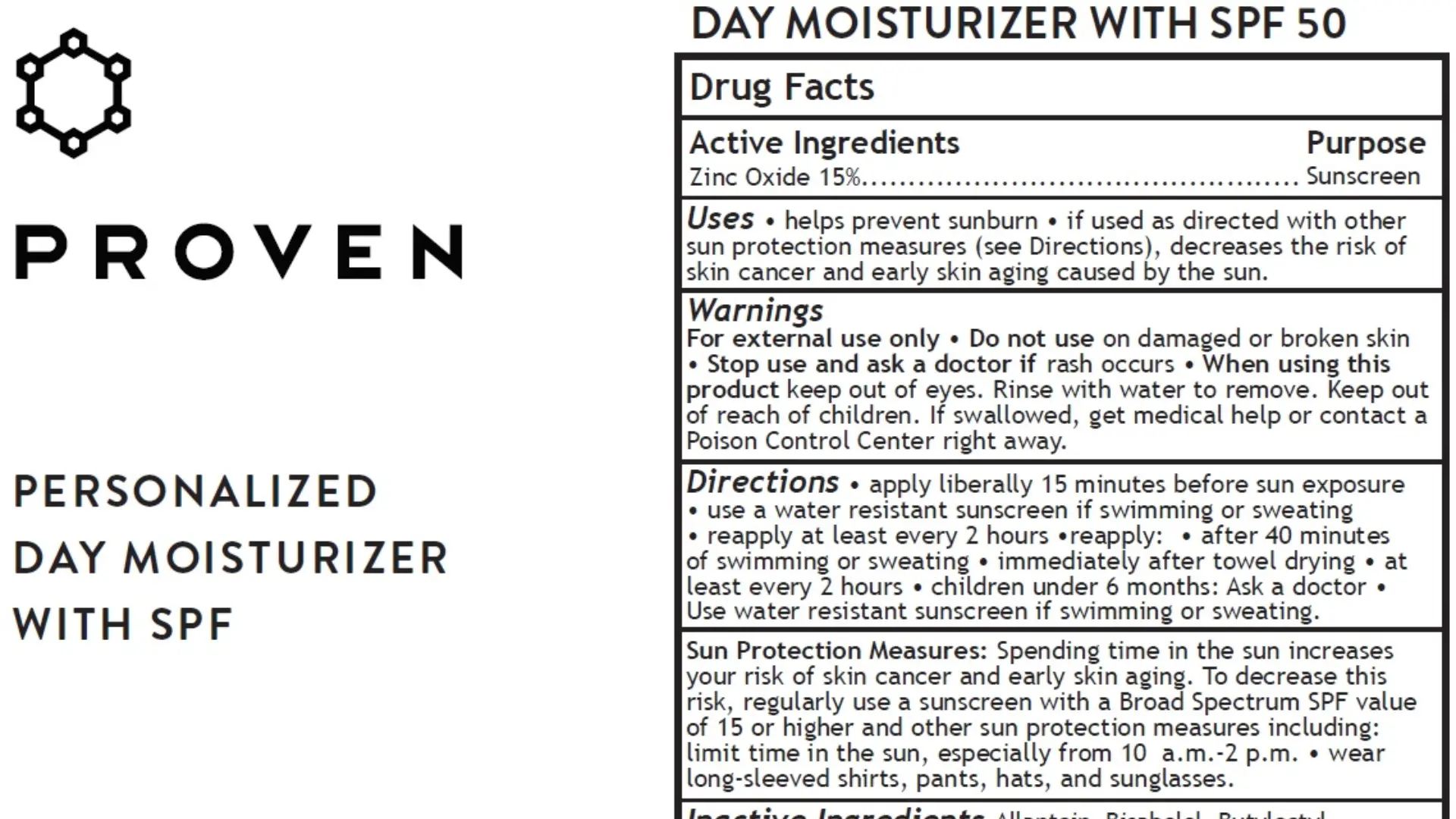 Proven personalized day moisturizer with SPF 50 label showing zinc oxide sunscreen facts and ingredients list