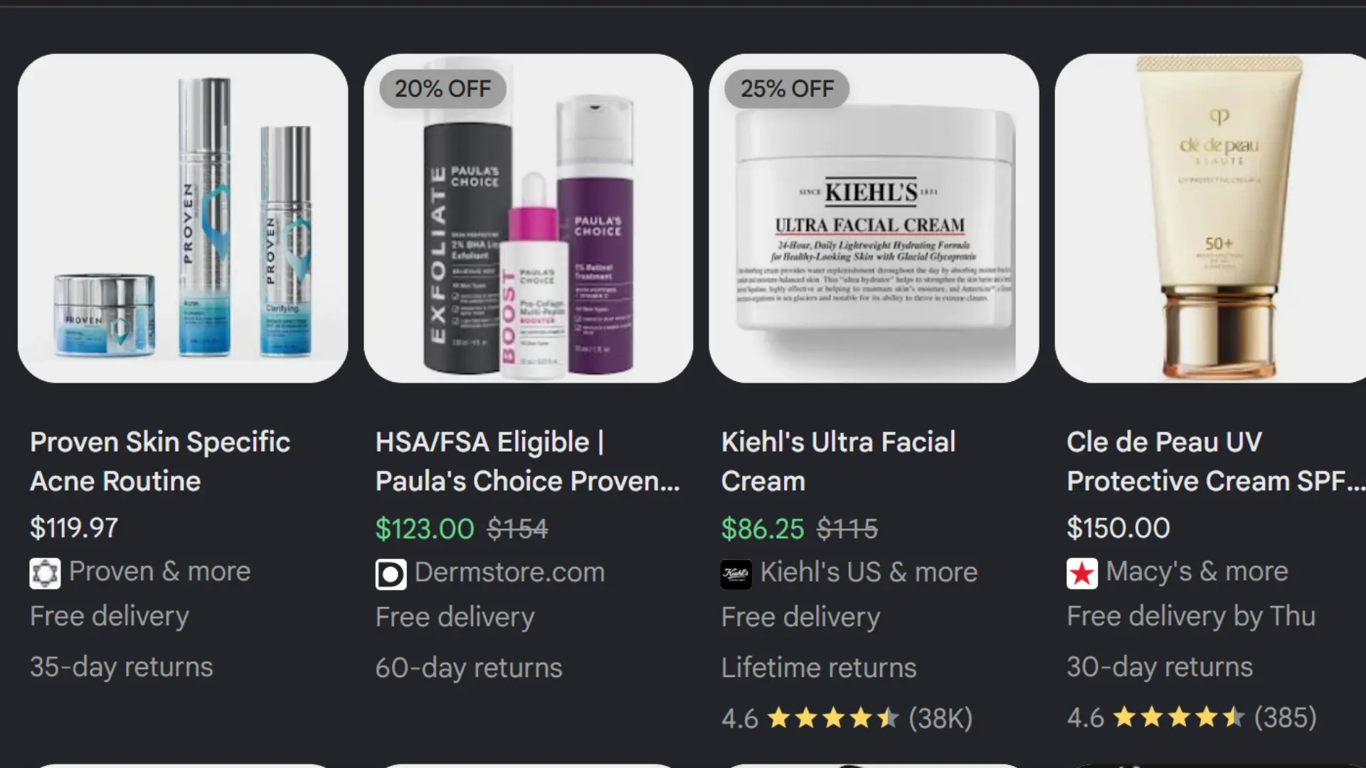Proven skincare products comparison with acne routine, facial cleanser, and cream products displayed in shopping results