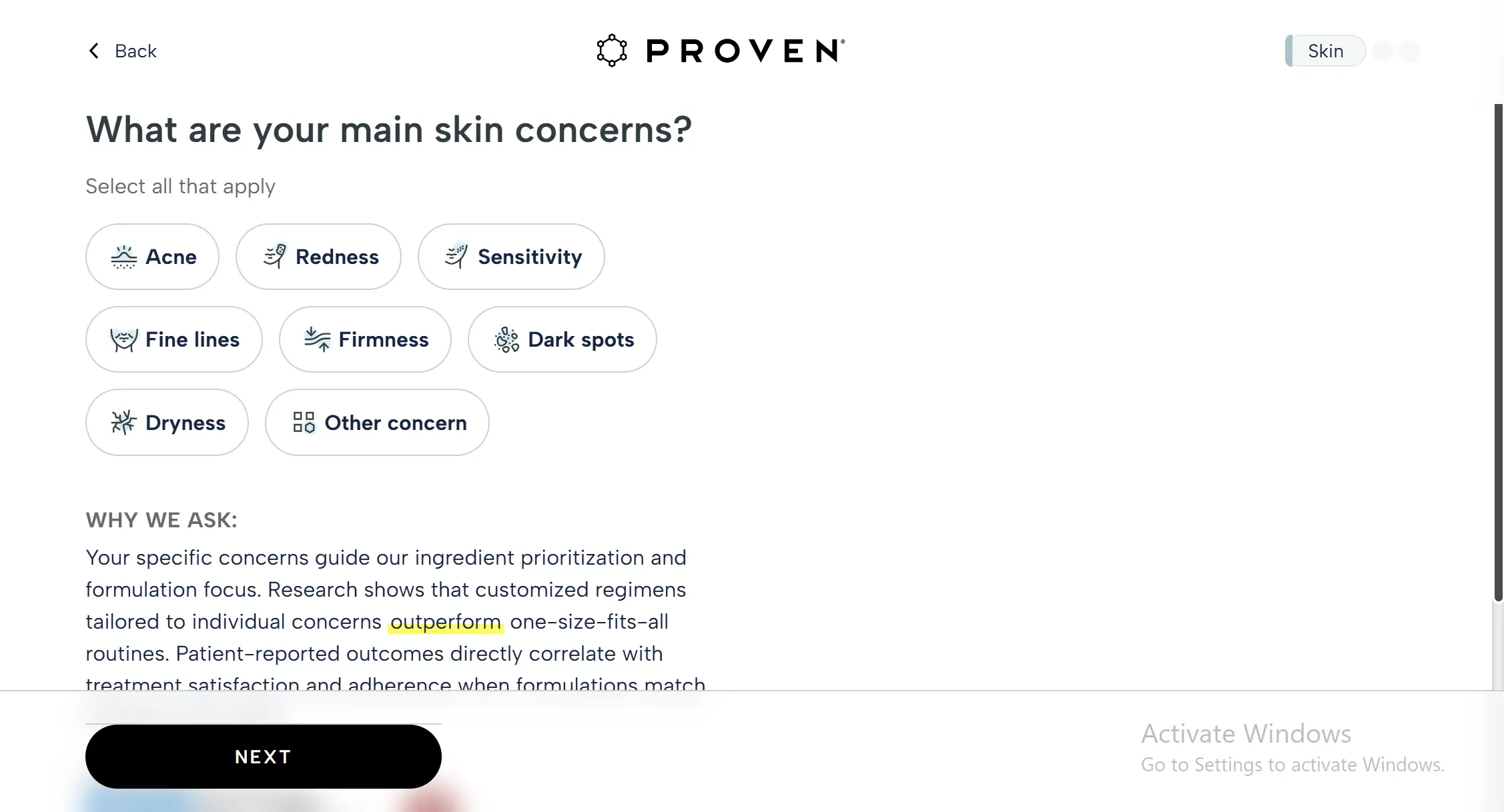 Person completing PROVEN Skin Genome Quiz, homescreen of the quiz
