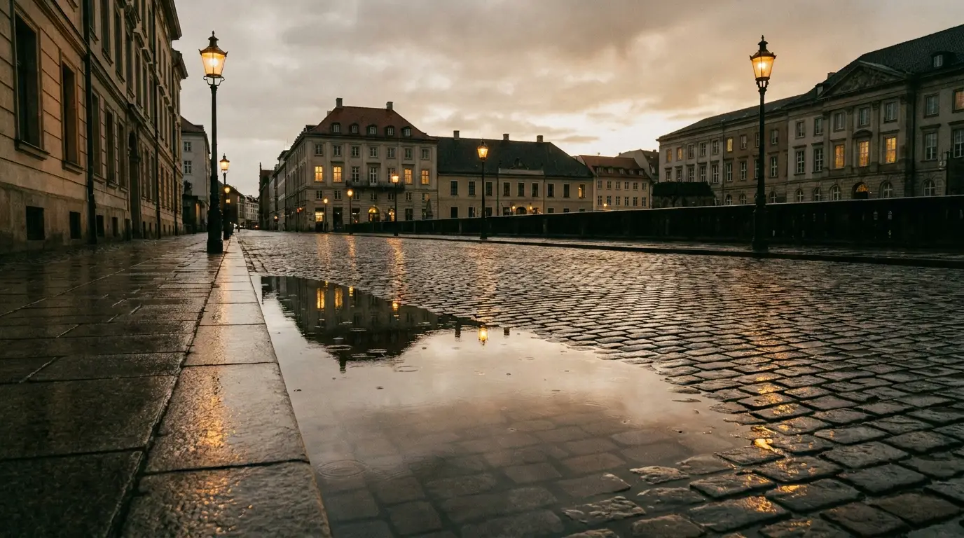 Cobblestone street with puddles reflecting warm streetlights at dusk in an empty European cityscape