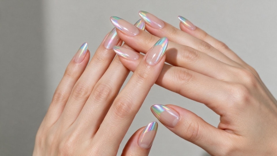 Rainbow chrome French nails with reflective multicolor tips over a sheer base for a futuristic manicure