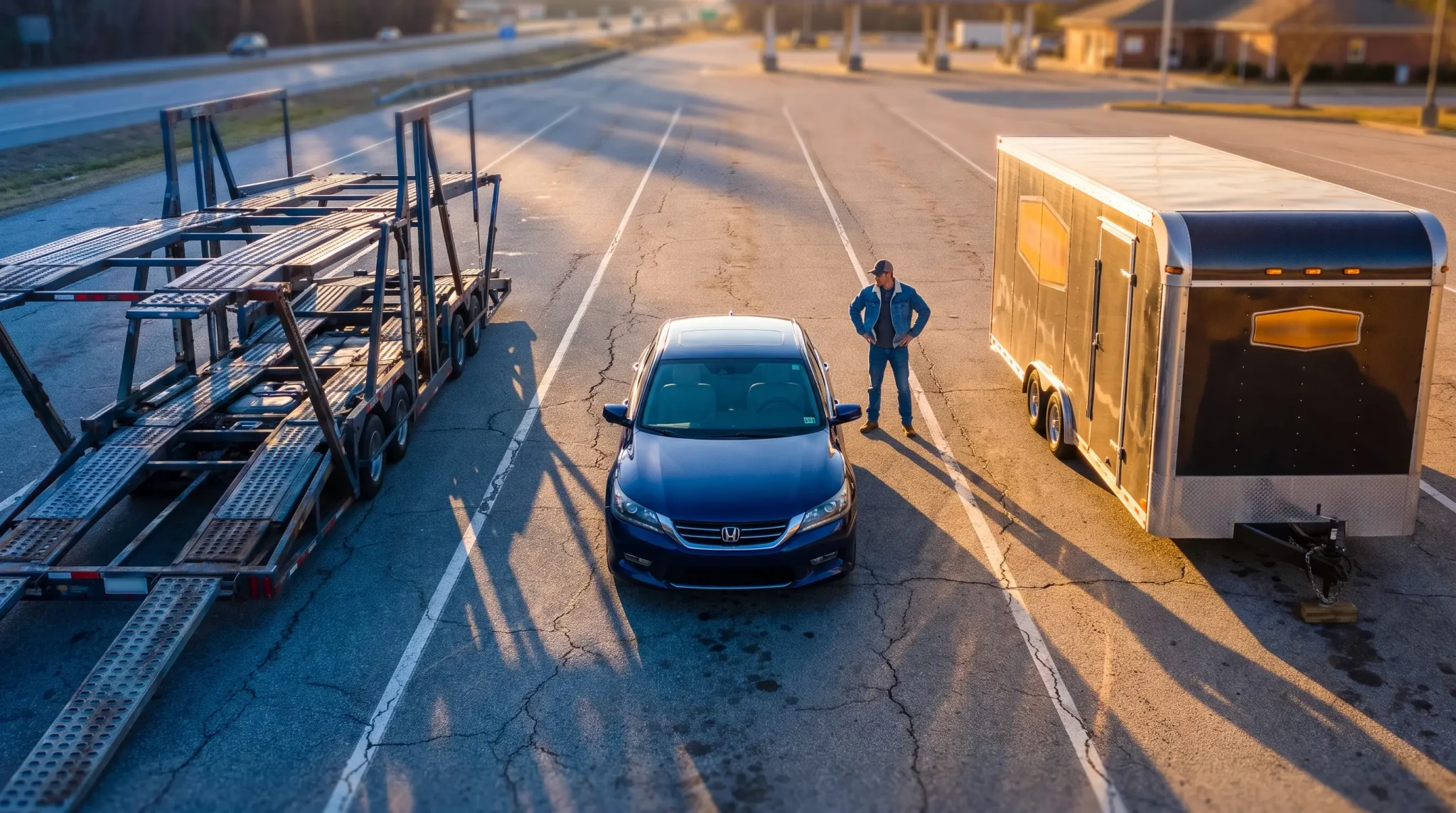Car between a large trailer and a hauler in a sunlit parking lot