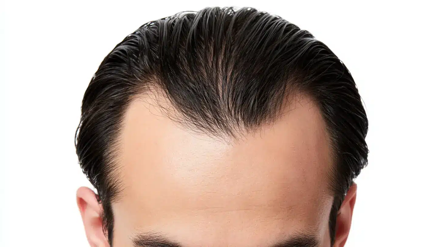 Close-up view of a man’s receding hairline showing visible temple recession and thinning hair at the front.