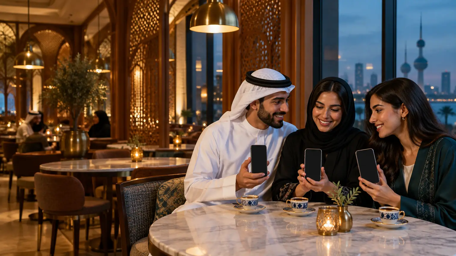 Three people in Middle Eastern attire showing smartphones at a marble table in a restaurant