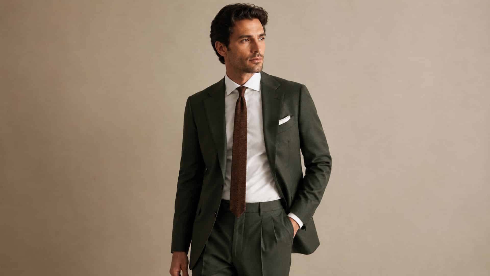 Man wearing a dark olive suit, white shirt, and brown tie for a stylish rehearsal dinner look.