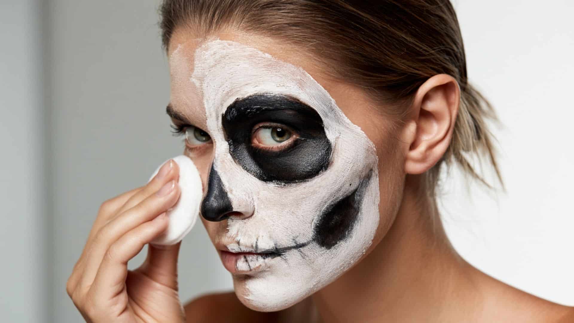 Woman wiping skeleton makeup from her cheek with a cotton pad to reveal clean skin.