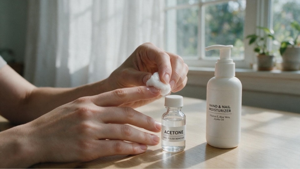 Acetone nail polish remover and cotton ball used to remove stubborn nail glue residue from skin safely