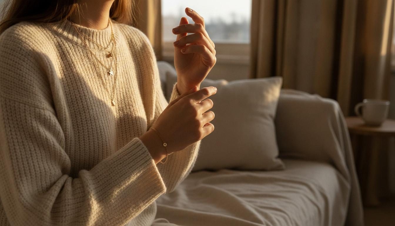 Woman adjusting jewelry on wrist in warm, cozy living room setting with soft light