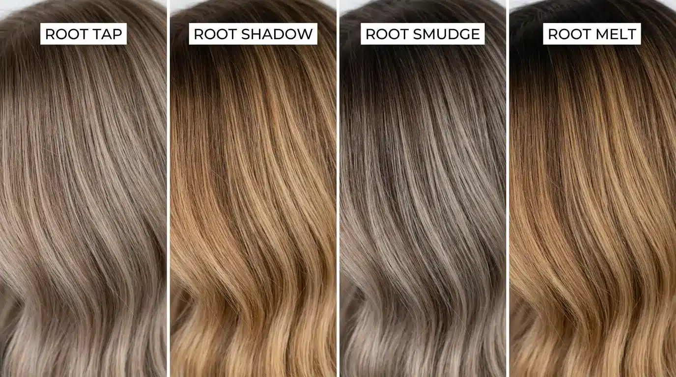 Four root blending techniques shown on blonde hair panels comparing root tap shadow smudge and melt color transitions
