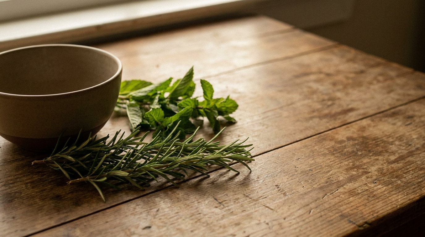 Bowl and fresh rosemary with mint leaves on rustic wooden table
