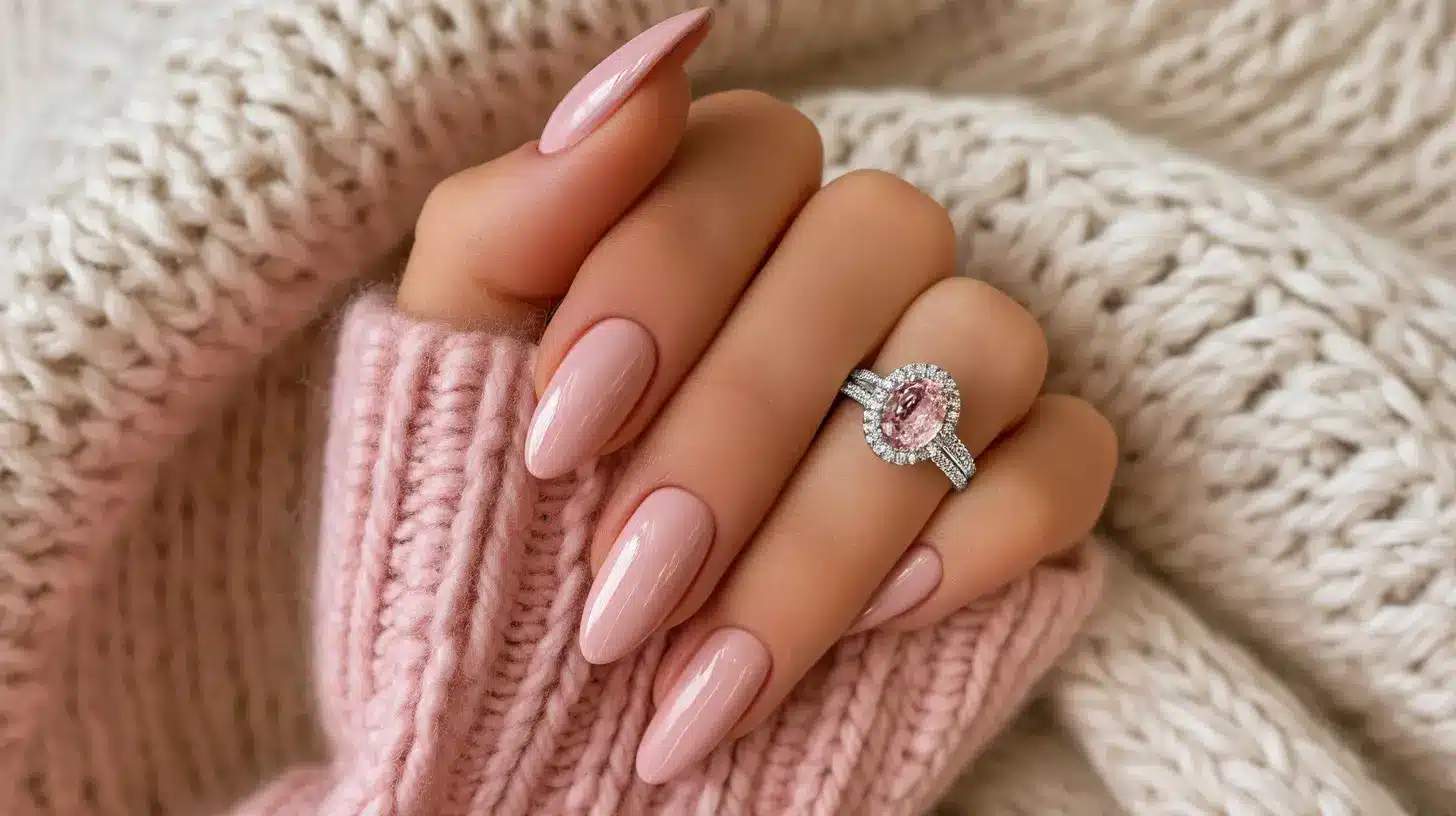 Close-up of a hand with glossy light pink nails, wearing an oval pink gemstone ring over a knit sweater.
