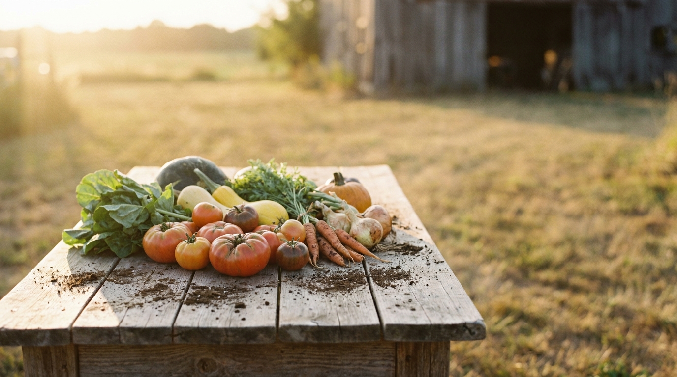 Freshly harvested vegetables on rustic wooden table in sunlit outdoor setting