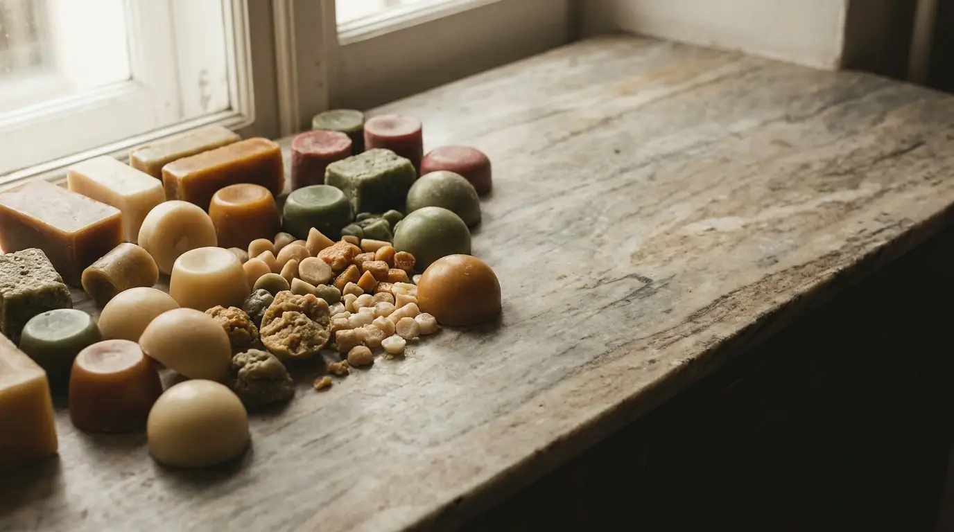 Assorted handmade soap bars on a stone countertop near a window in soft natural light