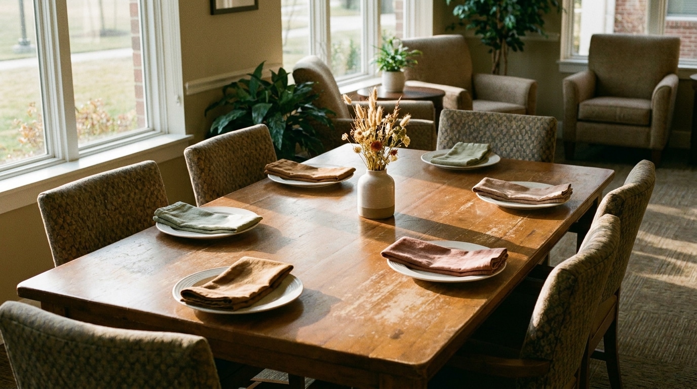 Wooden dining table with colorful napkins and vase of dried flowers in sunlit living room
