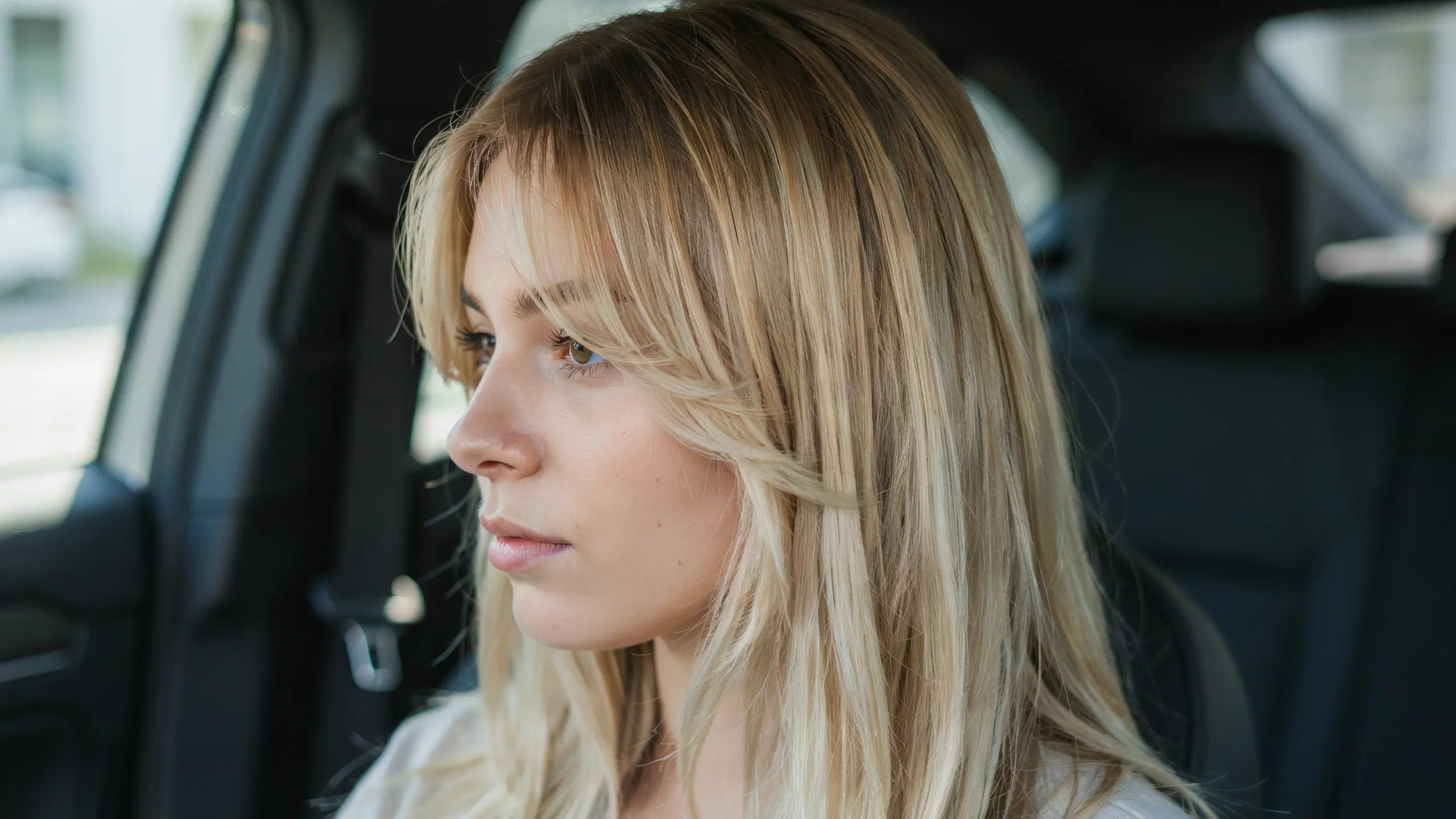 Blonde hair with soft brown shadow roots creating a natural fade into lighter lengths with smooth layers and a low maintenance salon finish