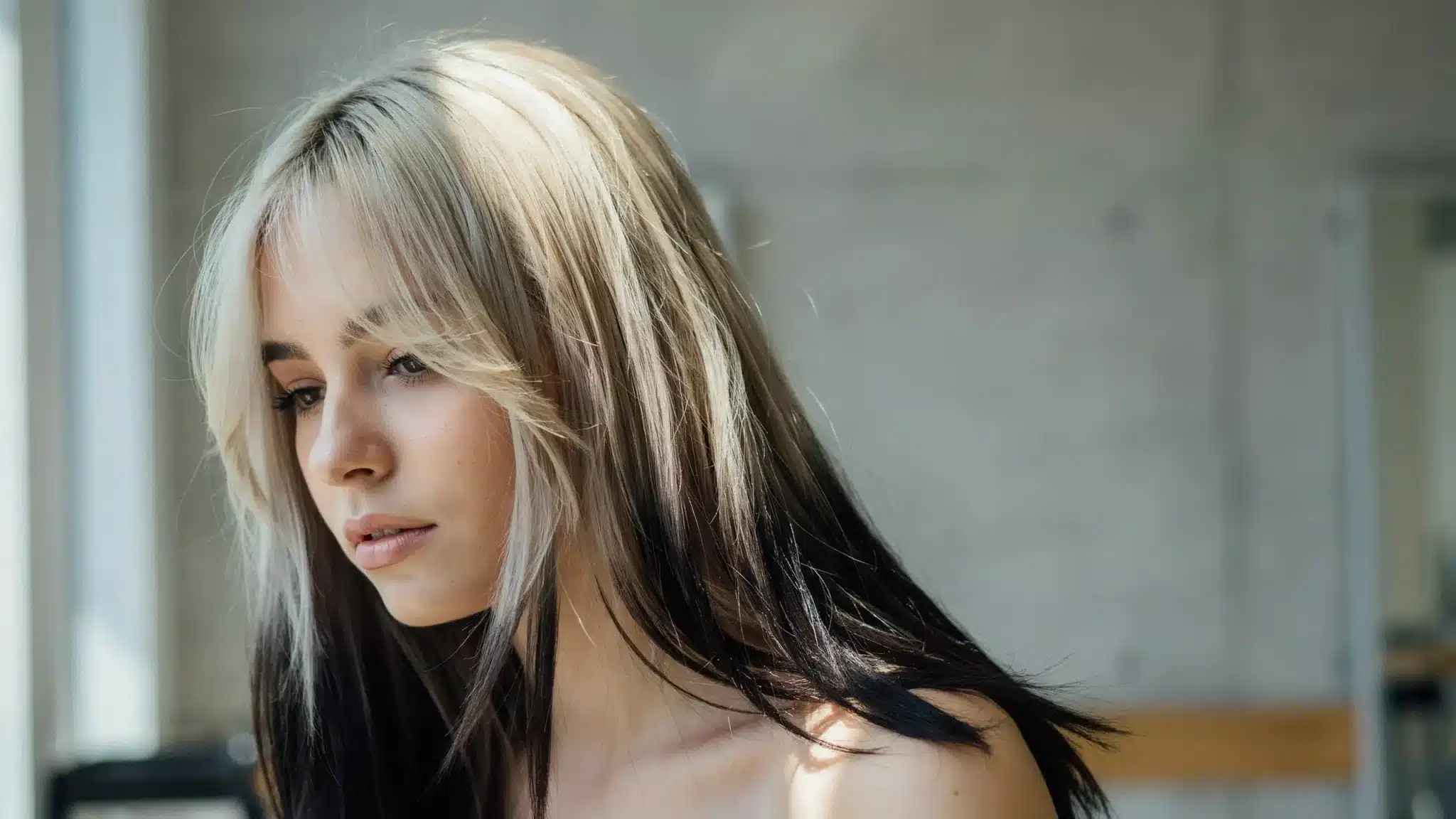 Woman with dark and light blended shadow roots showing a smooth hair color transition with dimensional tones and layered styling in natural lighting