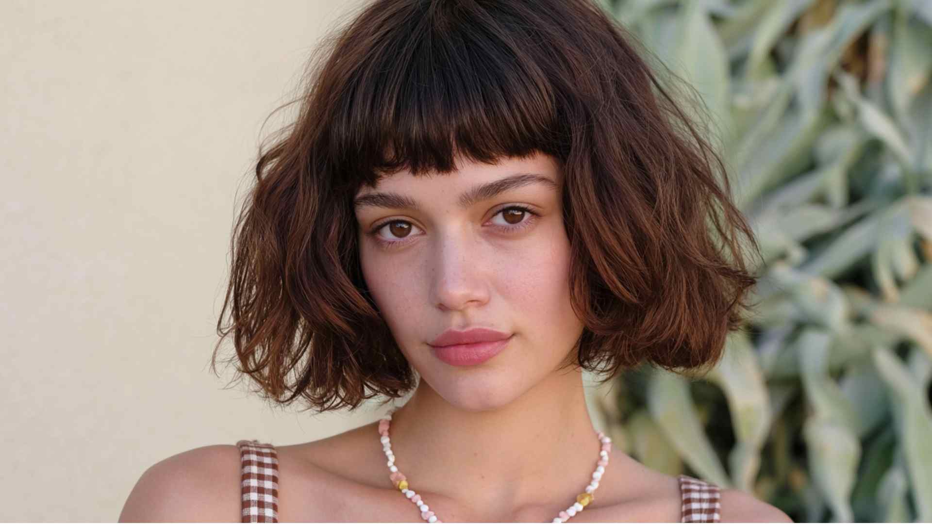 Shaggy bob with choppy layers and a short blunt micro fringe