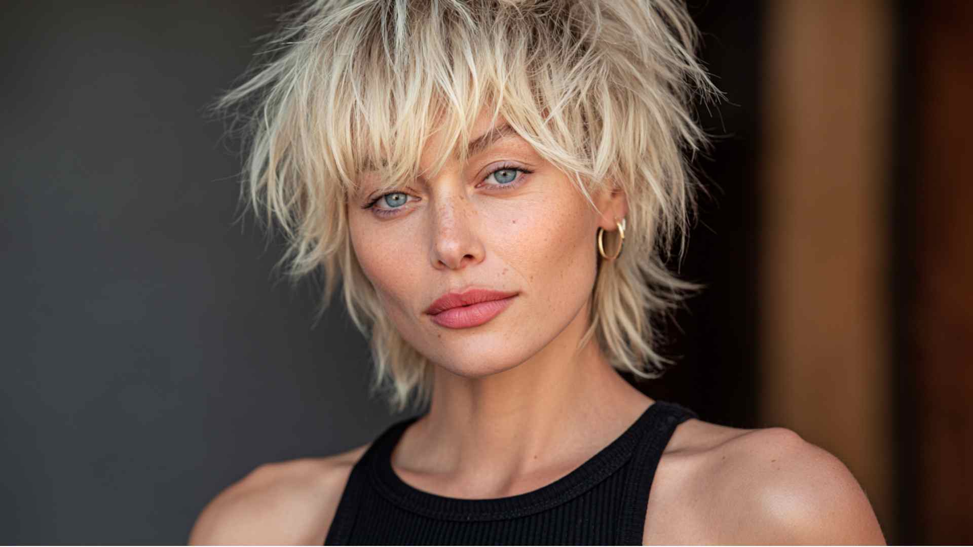 Shaggy pixie haircut with soft feathered layers around the ears and neck