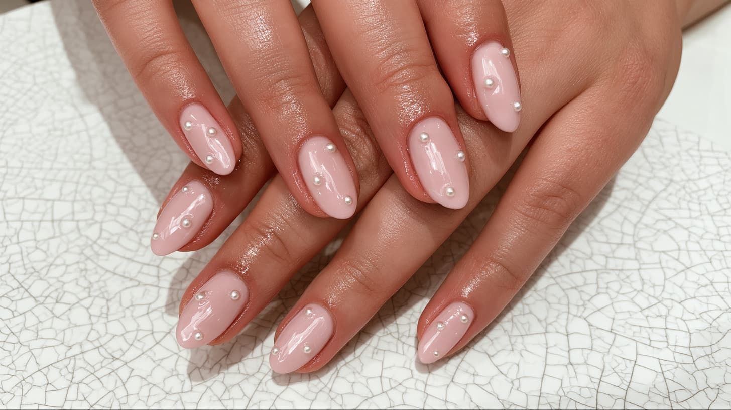Close-up of hands displaying glossy light pink oval nails embellished with tiny white pearls on a textured white surface.