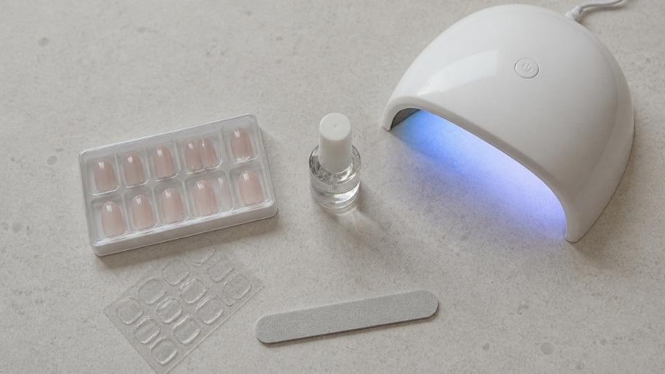Simple nail care table with press on nails, adhesive tabs, gel polish and UV LED lamp showing alternatives to nail glue