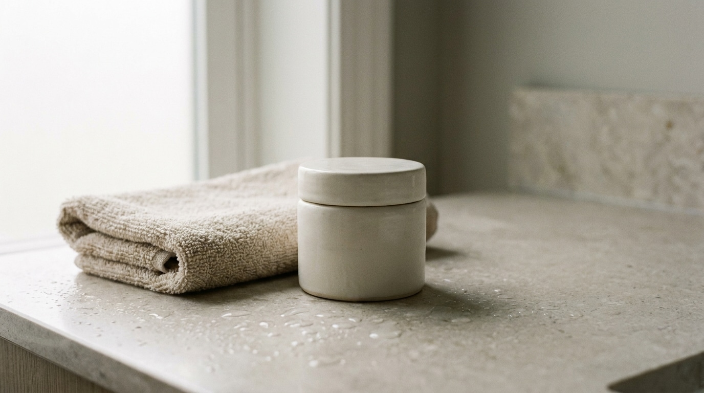 Towel and ceramic jar on wet marble countertop in soft natural light