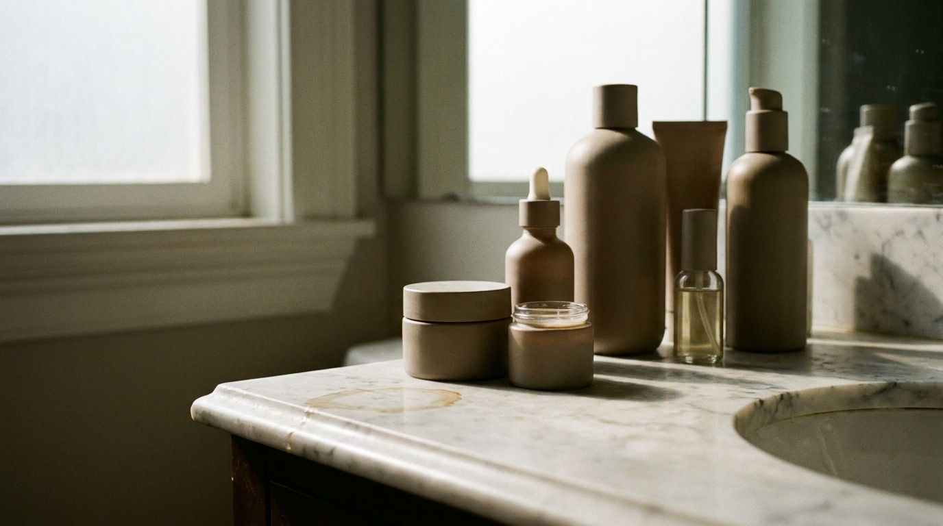 Toiletry bottles and jars arranged on marble bathroom countertop in soft natural light