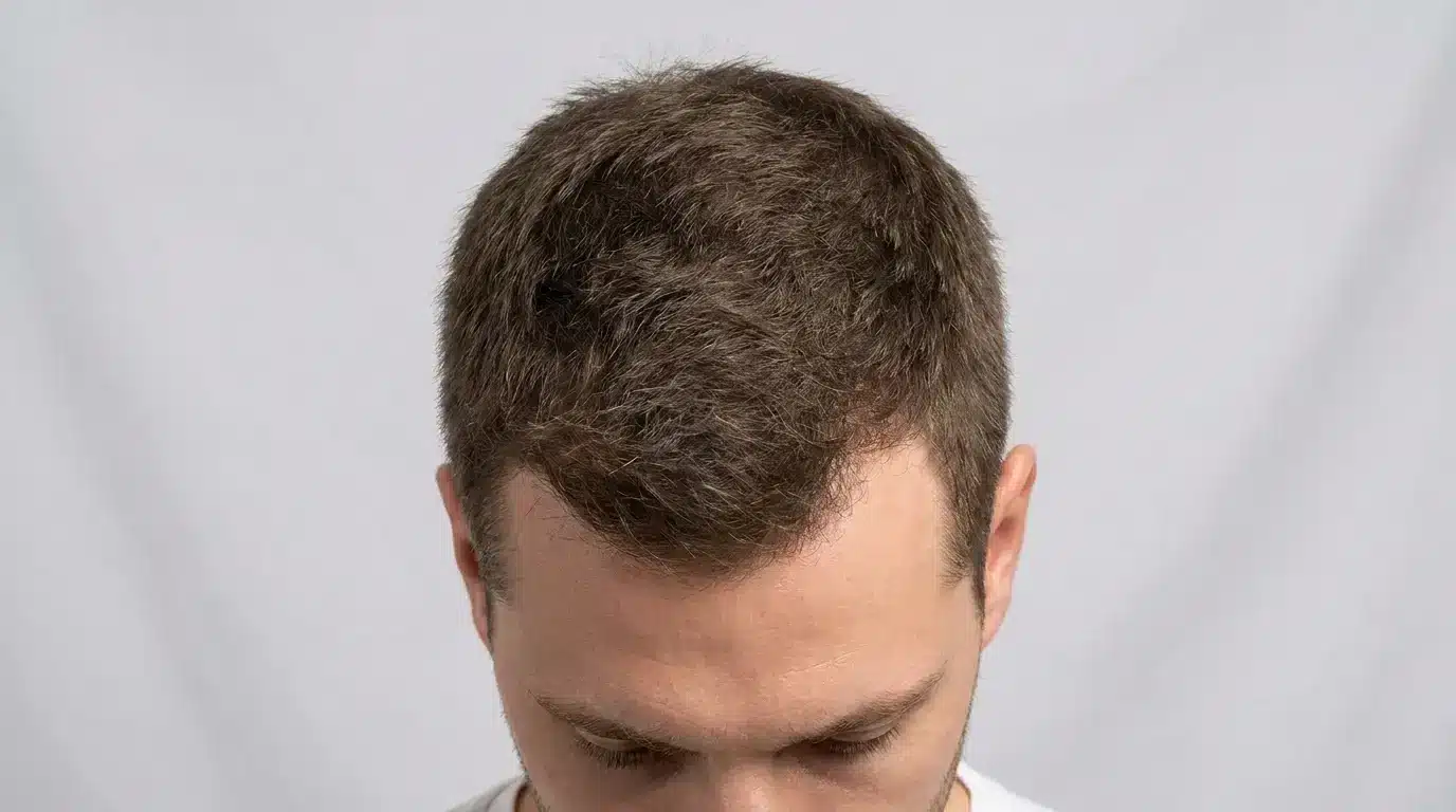 Overhead view of the back of a head showing a slight M-shaped hairline recession forming at the temples