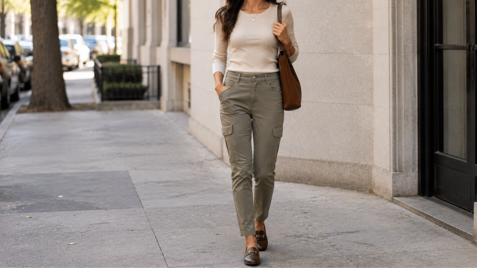 Slim fit cargos with a button down shirt and loafers for a smart casual outfit with a neat close fitting silhouette