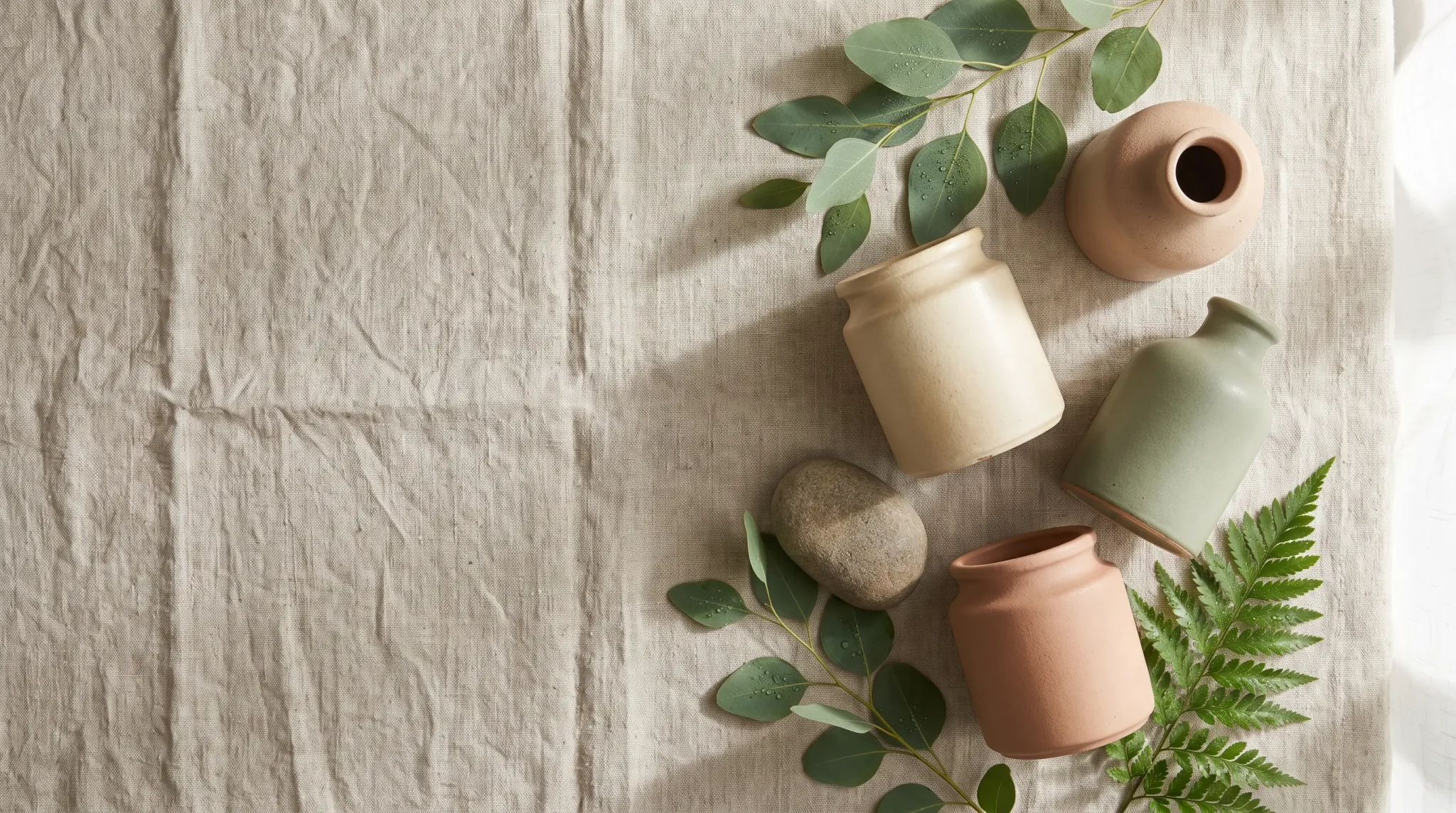 Ceramic vases and green leaves on beige linen fabric in natural light