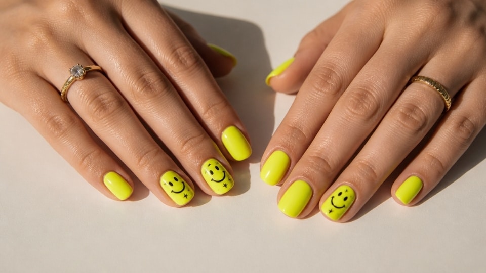 Neon yellow smiley face nails with playful accent designs and bright glossy manicure