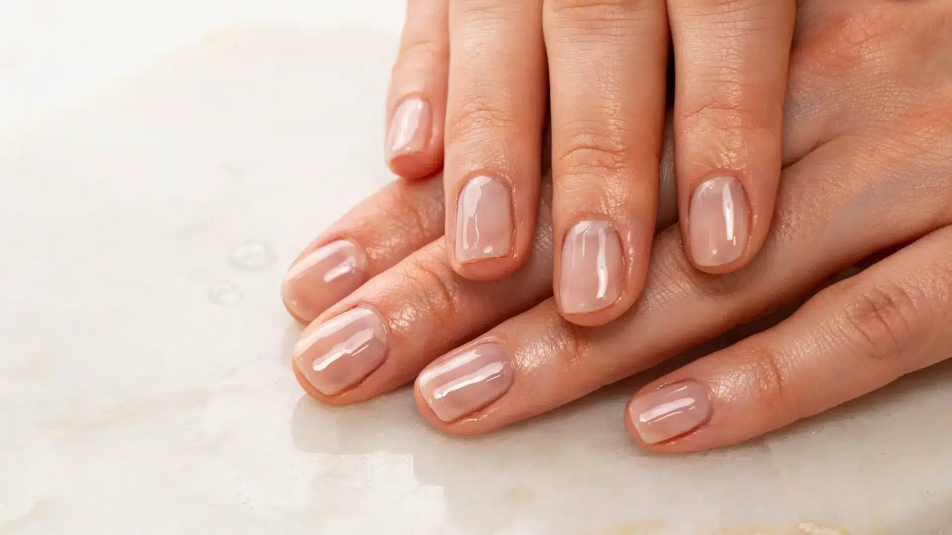 Close view of soap nails with sheer glossy polish on short rounded nails over a smooth neutral surface
